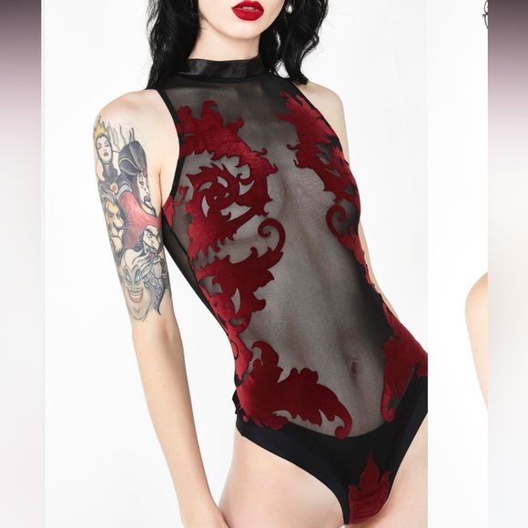 Velvet enchantress bodysuit red burn out rave festival one piece onesie lingerie - Picture 2 of 8